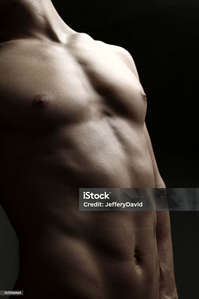Male Torso Male trunk, slightly extended and rotated. Partially lit. Abdomen Stock Photo