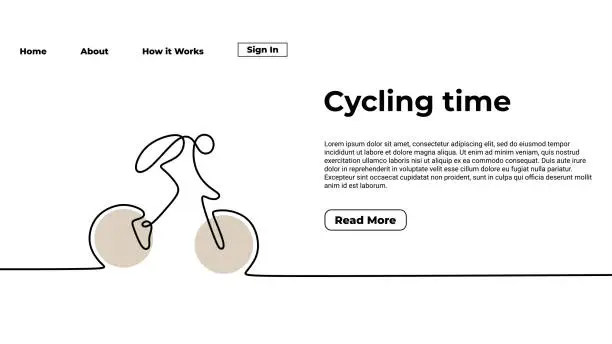 Vector illustration of Cycling time one line drawing landing page template. Continuous hand drawn minimalist people ride a bike, minimalism vector illustration, sport theme design.