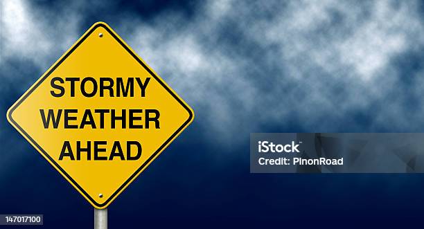 Stormy Weather Ahead Road Sign Stock Photo - Download Image Now - Tropical Storm, Warning Sign, Danger