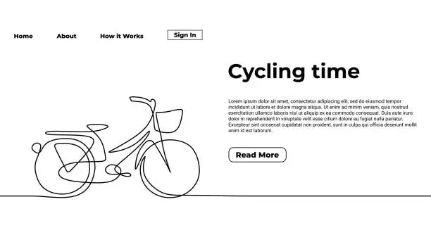Vector illustration of Ride a bike one line drawing of bicycle. Cycling time hand drawn minimalist landing page design. Vector illustration a cycle during leisure and hobby theme.