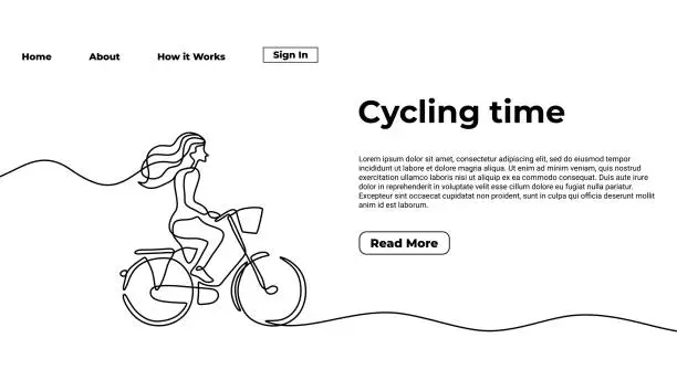 Vector illustration of Cycling time one line drawing landing page template. Continuous hand drawn minimalist a girl ride a bike, minimalism vector illustration, sport theme design.