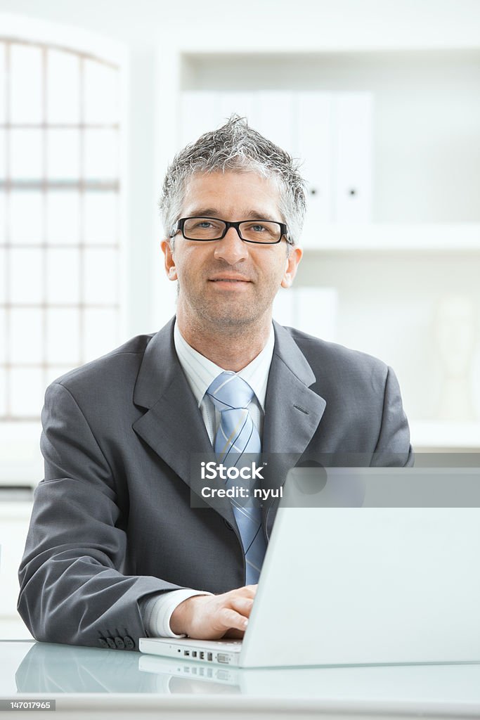 Businessman working at desk Gray haired executive businessman working on laptop computer at desk, in office. Click here for more business photos: 50-54 Years Stock Photo