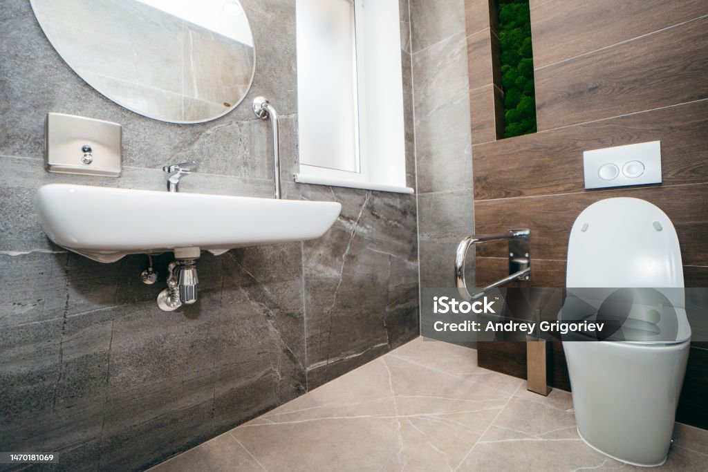 Interior of modern toilet with handrail Bathroom Stock Photo
