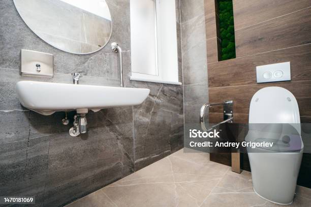 Interior Of Modern Toilet With Handrail Stock Photo - Download Image Now - Bathroom, Accessibility for Persons with Disabilities, International Symbol Of Access