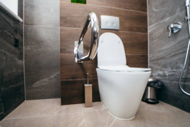 istock Interior of modern toilet with handrail 1470181187