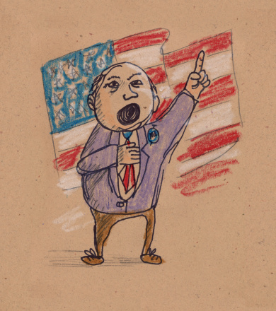 Hand drawn illustration of politician giving speech in front of American flag. I drew this by hand and have the legal right to upload it to istockphoto.