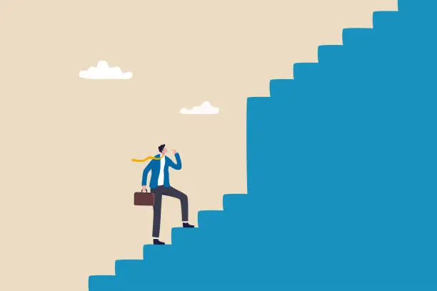Vector illustration of Challenge to overcome difficulty, obstacle or business problem, think of solution to get pass obstacle to success, failure or trouble concept, businessman walk up stair to find huge difficult step.