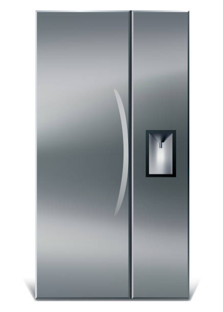 istock Gray vertical fridge for preserve food. Silver refrigerator with two doors. Modern cooler for home, products storage 1470193985
