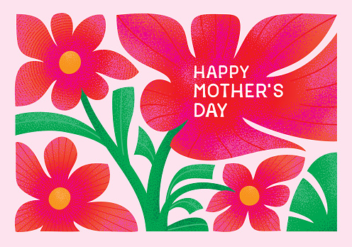 Greeting card with abstract textured red flowers. Editable vectors on layers.