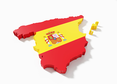 International border of Spain textured with Spanish flag on white background. Horizontal composition with clipping path.