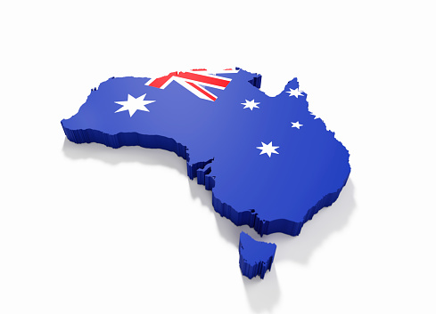 International border of Australia textured with Australian flag on white background. Horizontal composition with clipping path.