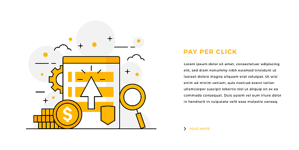 Pay Per Click, Crowdsourcing Concept Web Banner Design with Thin Line Illustration.