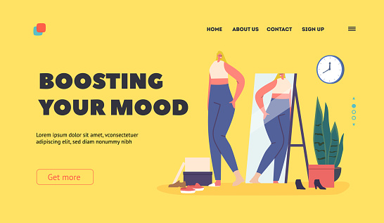 Boosting your Mood Landing Page Template. Stylish Woman Wearing Fashion Outfits front of the Mirror. Fit Female Character Choose Modern Summer Casual Clothes and Shoes. Cartoon Vector Illustration