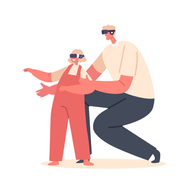 stockillustraties, clipart, cartoons en iconen met father with little daughter wearing vr glasses isolated white, characters lost in world of virtual reality illustration - lost phone