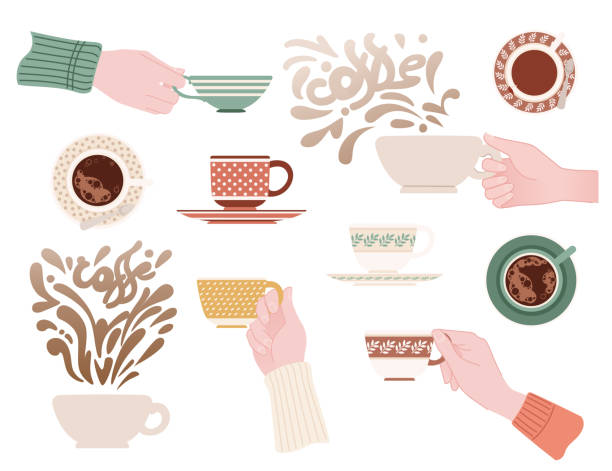 Set of hand holding different ceramic mugs with patterns tea cup on saucer vector illustration on white background Set of hand holding different ceramic mugs with patterns tea cup on saucer vector illustration on white background. tea cup and saucer stock illustrations