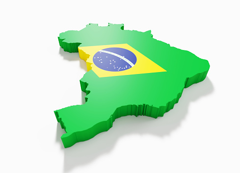 Geographical border of Brazil textured with Brazilian flag on white background. Horizontal composition with clipping path.