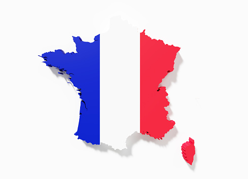 Geographical border of France textured with French flag on white background. Horizontal composition with clipping path.