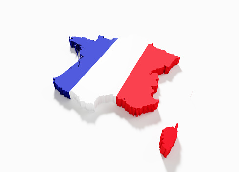 Geographical border of France textured with French flag on white background. Horizontal composition with clipping path.