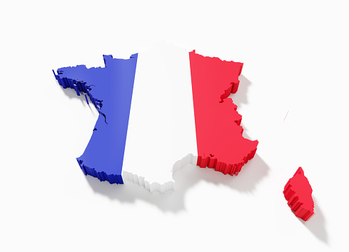 Geographical border of France textured with French flag on white background. Horizontal composition with clipping path.