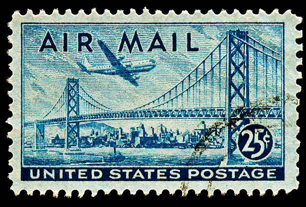 san francisco-oakland bay bridge und boeing b337 stratocruiser stamp - air mail envelope letter mail stock-fotos und bilder
