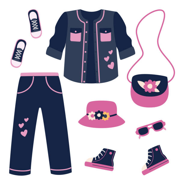 A set of clothes and shoes - jeans, denim jacket, sneakers, glasses, handbag, panama hat. A set of clothes and shoes - jeans, denim jacket, sneakers, glasses, handbag, panama hat. Vector illustration of stylized things in cartoon style. Isolated on a light background. straight leg pants stock illustrations