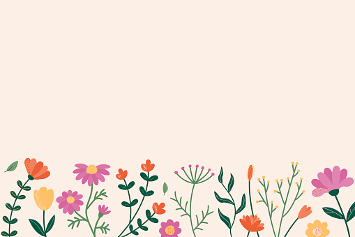 Background of flowers, twigs and leaves placed at the bottom. Space for text. Vector illustration of stylized plants in cartoon style. Isolated on a light background.