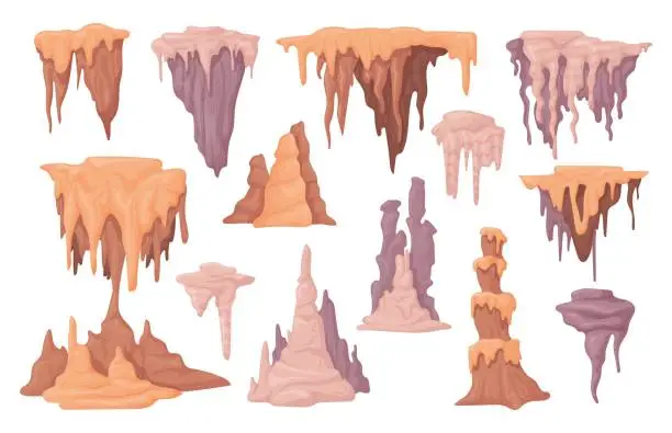 Vector illustration of Stalagmites. Stalagmite and stalactite underwater cave or stone cavern, limestone formations geological speleology exploration rock spike mineral structure neat vector illustration