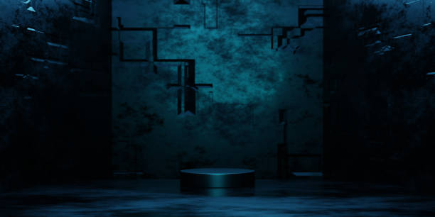 istock 3d rendering empty metal podium with blue neon light for product display. Sci fi scene 1470206741
