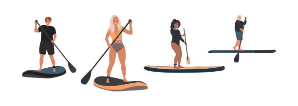 Women and mans on sup board, sup boarding concept, Various Sup surfers black woman, old man,  collection Women and mans on sup board, sup boarding concept. paddleboard stock illustrations