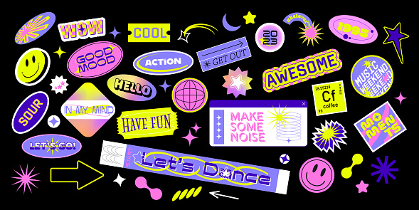 Cool y2k acid rave retro stickers with smile faces, cartoon comic label patches, festival bracelet. Music party vaporwave stickers in geometric shapes. Vector illustration of 90s graphic design badges.