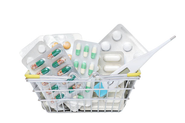istock Tablets in a blister pack in a mini basket on a white background. 1470209718