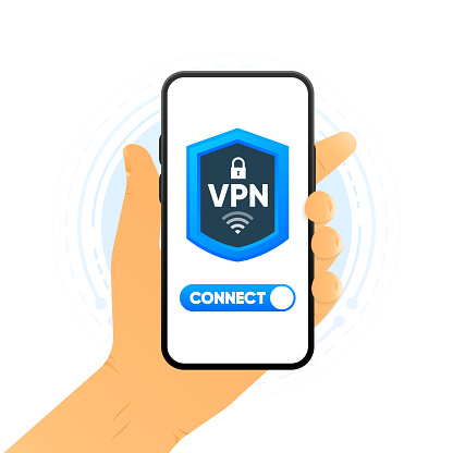 Using VPN on device. Protecting personal data with VPN service. Private network, cyber security, secure web traffic, data protection. Vector illustration