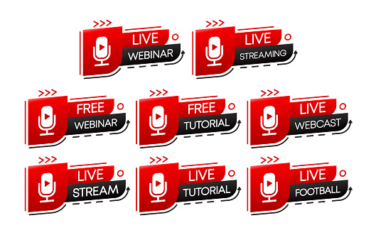 Free and live webinar play online button collection. Free webinar, stream and tutorial Icons. Red play button. Vector illustration