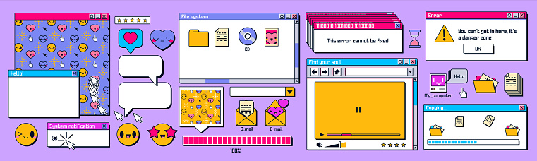 Retro computer screen interface with windows, icons, message frames. Old desktop pc screen elements, retrowave digital style, vector cartoon set isolated on background