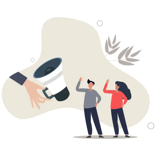 Vector illustration of Encourage employee voice, advocacy or support opinion, contribution or help, listen to ideas or communication.businessman hand offer megaphone for employee to speak out.
