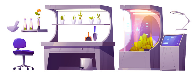 Set laboratory with plants growing equipment. Isolated scientific biotechnology technics, futuristic lab with glass tube, dashboard, lamp, green seedlings in pots, chair, Cartoon vector illustration