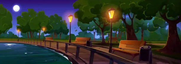 Vector illustration of Riverside night park with benches and light posts