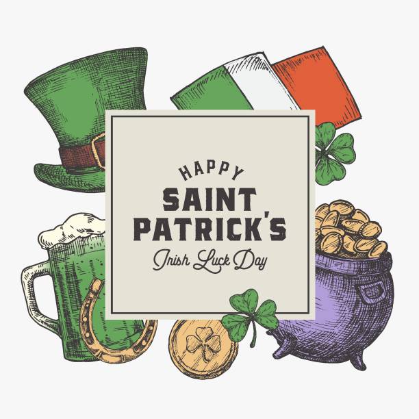 ilustrações de stock, clip art, desenhos animados e ícones de saint patricks day card or frame label template. hand drawn leprechauns hat, gold coins pot and shamrock leaf sketch symbols with retro typography. irish flag and beer mug background. isolated - saint patricks banner green beer patrick leprechaun hat