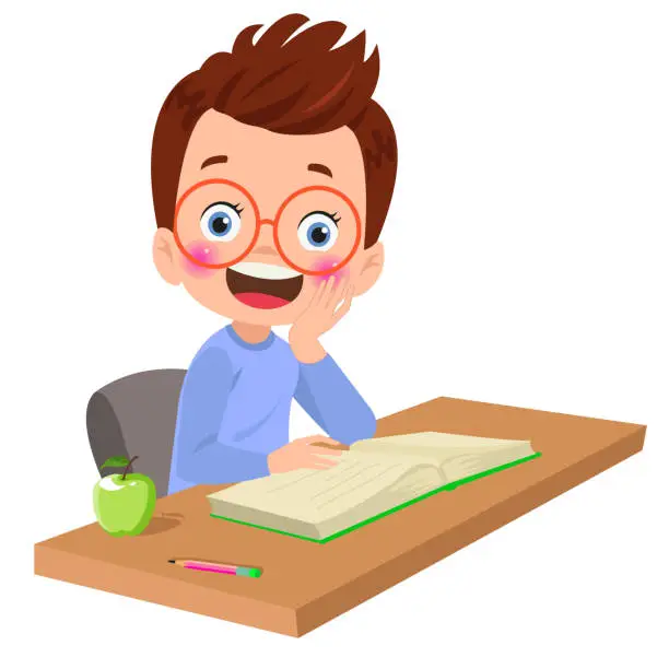 Vector illustration of cute happy boy reading a book