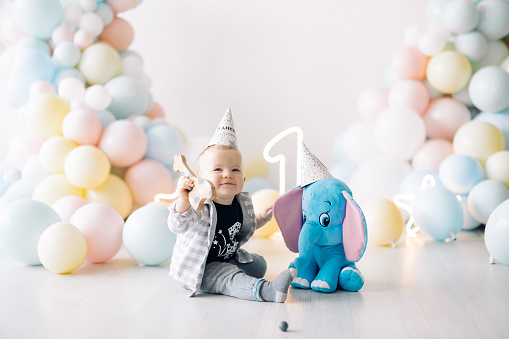 Little boy with a festive cap on his head sits on the floor next to the balloons and toy elephant, celebrating its first birthday. Translation inscription on the cap from Ukrainian: Happy birthday!
