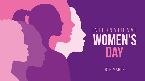 International Women's Day banner design featuring multicultural women's profile silhouettes. Landscape format.