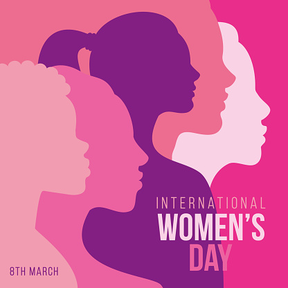 International Women's Day banner design featuring multicultural women's profile silhouettes. Square format.