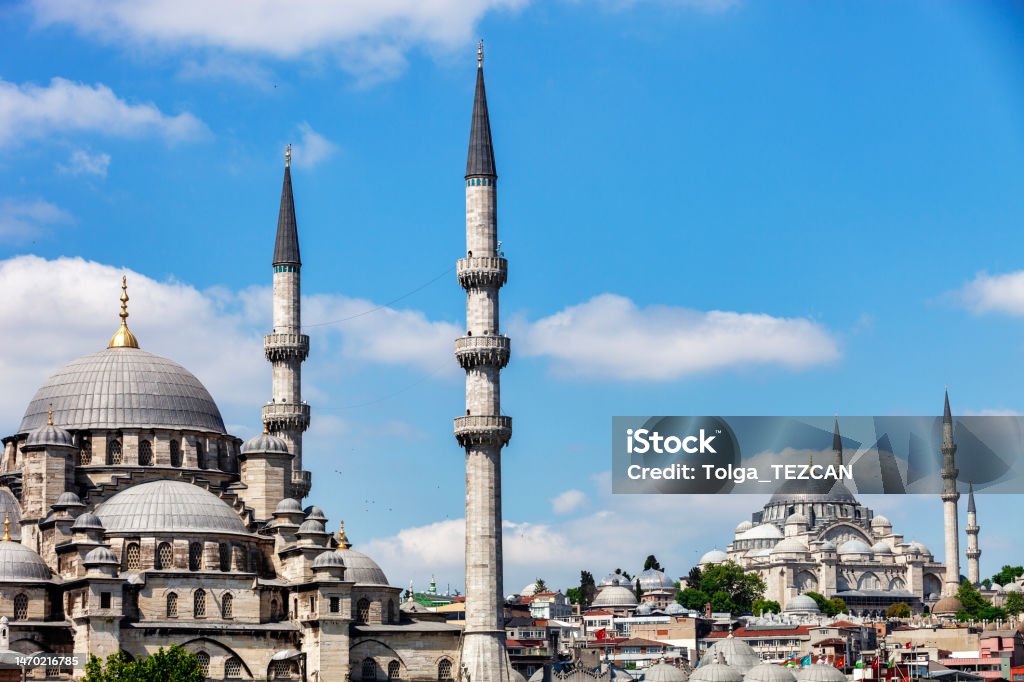 New Mosque (Yeni Cami) and Suleymaniye Mosque New Mosque (Yeni Cami) and Suleymaniye Mosque, Istanbul, Turkey Architectural Dome Stock Photo