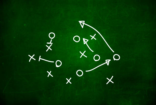 Estratégia de jogo de futebol desenhada em um quadro de giz. - foto de acervo