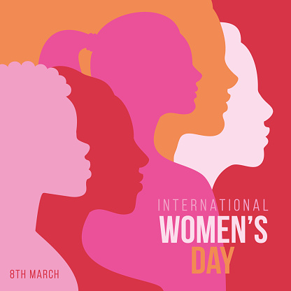International Women's Day banner design featuring multicultural women's profile silhouettes. Square format.