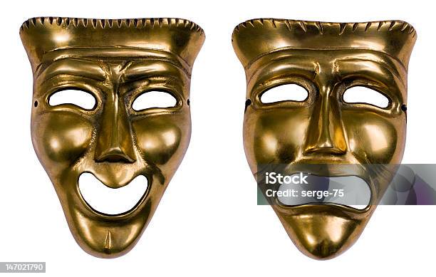 Foto de Comédia Máscaras De Drama e mais fotos de stock de Dourado - Descrição de Cor - Dourado - Descrição de Cor, Fundo Branco, Máscara da Comédia