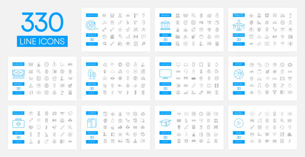 illustrazioni stock, clip art, cartoni animati e icone di tendenza di set di 330 icone moderne a linee sottili. pittogrammi di alta qualità. set di icone di linea di affari, medicina, media, denaro, viaggi, edilizia, istruzione e sport. illustrazione vettoriale. - company