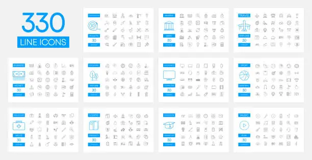 Vector illustration of Set of 330 modern thin line icons. High quality pictograms. Line icon set of business, medicine, media, money, travel, construction, education and sport. Vector illustration.