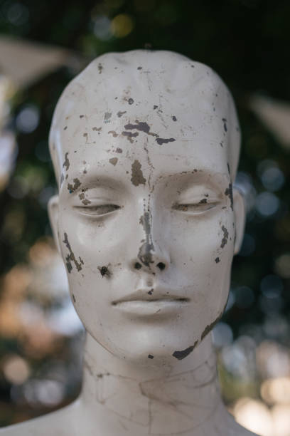 istock Cracked Dirty Plastic On A Mannequin Head With Fly On Face 1470218171
