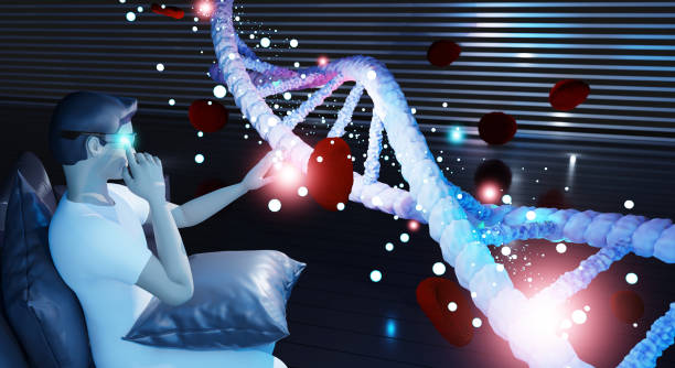 istock AR glasses user rendering augmented reality AR glasses DNA science VR glasses virus simulation 3D illustration 1470218225